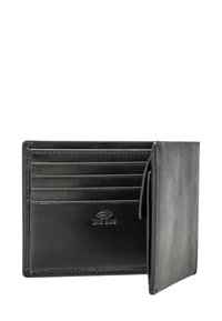 Portafoglio in pelle nera con più scomparti per carte, texture liscia e apertura laterale. Presenta il logo di protezione RFID sull'esterno.
