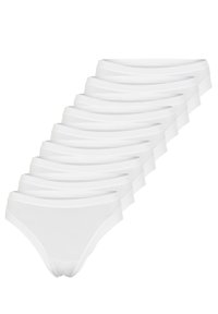 Hvide bomuldsbikini-underbukser med lavtaljet design, glat tekstur og elastisk talje. Sæt med ti identiske par.