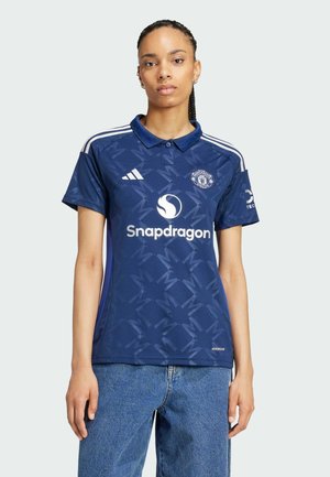 Maglia Adidas blu navy con un motivo sottile, dotata di colletto, strisce bianche sulle maniche e logo "Snapdragon" al centro.
