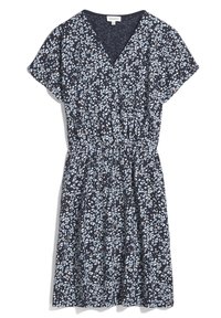 Granatowa sukienka w kwiaty z krótkimi rękawami, dekoltem w serek, elastycznym pasem, zdobiona jasnoniebieskimi i rdzawymi wzorami kwiatowymi na miękkiej tkaninie.