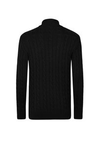 Musta palmikkoneulepaita, jossa on korkea kaulus ja resorit hihansuissa, ja koko kankaan läpi jatkuva tekstuuri. Vain takaosa näkyvissä.