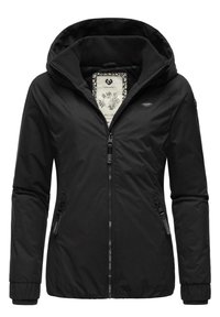 Veste isolée noire avec une fermeture éclair sur le devant, capuche intégrée et poches latérales zippées. Dispose d'une doublure intérieure douce et d'une étiquette à motif floral.