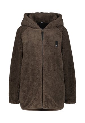 Bruine fleecevest met capuchon en een volledige rits aan de voorkant, met een klein zwart logoplaatje op de linkerborst, gemaakt van zacht, pluizig materiaal.