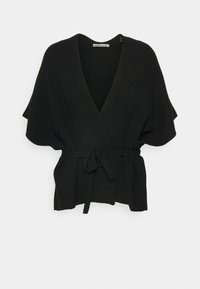 Czarny sweter z dzianiny z dekoltem w serek i krótkimi rękawami. Ma związany w pasie, prążkowaną teksturę oraz otwarty krój.