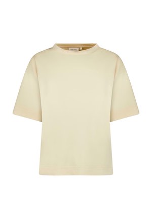 Korte mouwen, top met ronde hals in licht beige, gemaakt van gladde stof. Heeft een comfortabele pasvorm en minimale stikdetails.