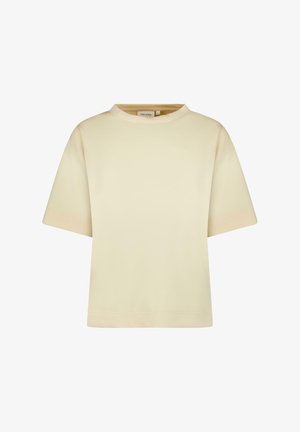 Korte mouwen, top met ronde hals in licht beige, gemaakt van gladde stof. Heeft een comfortabele pasvorm en minimale stikdetails.