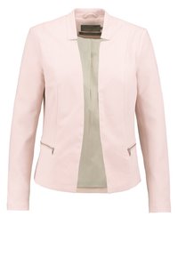 Lichtroze blazer met een gestructureerde stof, voorzien van een minimalistisch ontwerp, open voorkant en twee zijzakken met rits. Binnenvoering in beige.