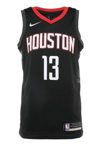 Czarny t-shirt koszykarski z czerwonymi akcentami, z napisem "HOUSTON" w białych literach i numerem "13" poniżej. Wykonany z oddychającego materiału, z logo Nike.