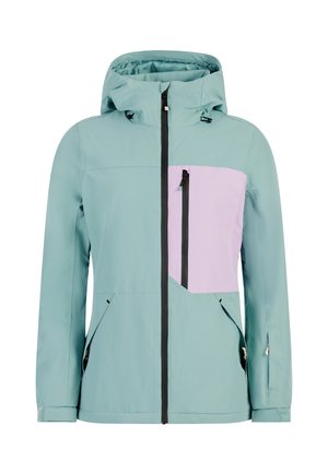 Windbreaker jacket in light teal with a light purple chest pocket, zip closure, adjustable hood, and two side pockets. Smooth texture, water-resistant.
