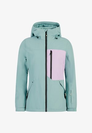 Windbreaker jacket in licht teal met een lichtpaarse borstzak, ritssluiting, verstelbare capuchon en twee zijzakken. Soepele textuur, waterafstotend.