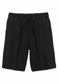 Black shorts made of a soft fabric, featuring an elastic waistband with drawstring, side pockets, and subtle kangaroo graphic on the leg.
