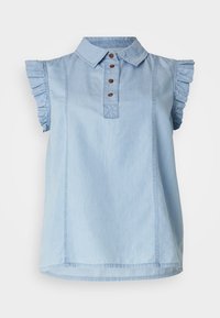 Camicia di denim blu chiaro con colletto, maniche arricciate e cinque bottoni marroni. Presenta cuciture verticali per un effetto texture.