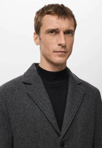 Manteau rayé gris avec revers crantés et une fermeture à un bouton, superposé sur un col roulé noir. La texture semble douce et structurée.