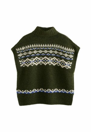 Pulover tricotat de culoare verde închis, cu guler înalt. Are un model geometric în alb, albastru și verde deschis pe piept. Textură moale.
