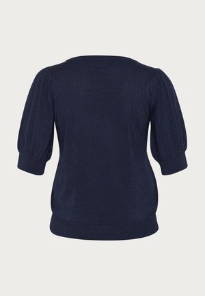 Pull en tricot bleu marine avec des manches courtes bouffantes et un ourlet côtelé. Le tissu a un léger éclat et une texture lisse.