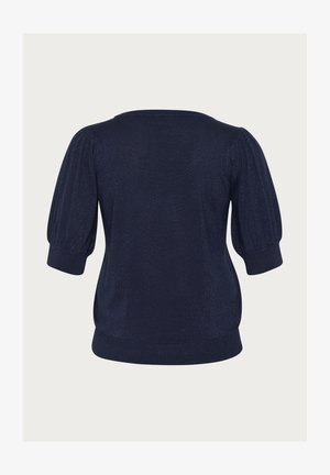 Navyblauwe gebreide trui met korte, gepofte mouwen en een geribde onderrand. De stof heeft een subtiele glans en een gladde textuur.