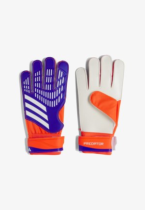 Torwarthandschuhe mit einem lila und orangefarbenen Design, texturiertem Griff, weißen Akzenten und verstellbaren Riemen, die mit "PREDATOR" beschriftet sind.