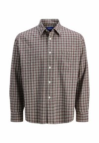 Camisa de manga larga a cuadros rojos y blancos con cuello abotonado y bolsillo delantero. Hecha de una tela tejida con un aspecto texturizado.