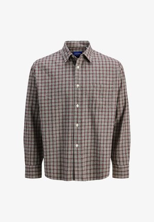 Camisa de manga larga a cuadros rojos y blancos con cuello abotonado y bolsillo delantero. Hecha de una tela tejida con un aspecto texturizado.