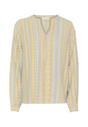 Košulja dugih rukava s dugmadi, koja sadrži geometrijski uzorak u žutoj, plavoj i bež boji, s okruglim ovratnikom i prednjim dugmadi.