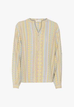 Koszula z długim rękawem z guzikami, ozdobiona geometrycznym wzorem w kolorach żółtym, niebieskim i beżowym, z kołnierzykiem w pętlę i zapięciem na guziki z przodu.