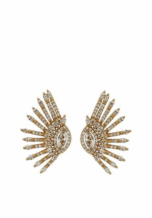 Goldfarbene Ohrringe mit flügelartigen Designs, akzentuiert durch funkelnde klare Strasssteine und marquiseförmige Steine, die einen auffälligen Look kreieren.