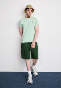 Tricou din bumbac de culoare verde deschis cu logo, pantaloni scurți verzi închisi, adidași gri cu accente și o pălărie din bumbac bej pe un fundal alb.
