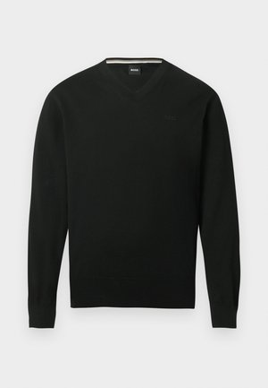 Schwarzer Pullover mit V-Ausschnitt und langen Ärmeln, mit gerippten Bündchen und Saum, mit dezentem "BOSS"-Logo auf der linken Brust.