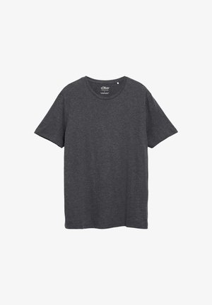 Donkergrijs T-shirt met korte mouwen en ronde hals, zonder zichtbare patronen of ontwerpen op een witte achtergrond.