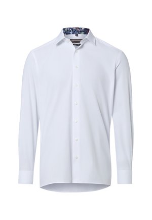 Weißes, langärmliges Hemd mit Knopfleiste, floralem Detail am inneren Kragen, klassischen Manschetten und leicht geschwungenem Saum.