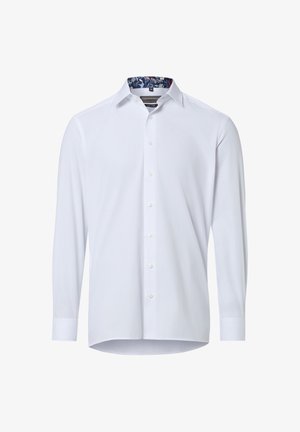 Weißes, langärmliges Hemd mit Knopfleiste, floralem Detail am inneren Kragen, klassischen Manschetten und leicht geschwungenem Saum.