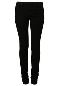 Jean skinny noir en coton avec une texture lisse. Comprend cinq poches et une fermeture à bouton à l'avant. Coupe ajustée sur toute la longueur de la jambe.