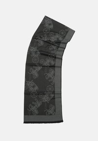 Écharpe tissée en gris foncé présentant un motif de calèches et de chevaux en gris clair, avec des bords frangés et une texture douce.
