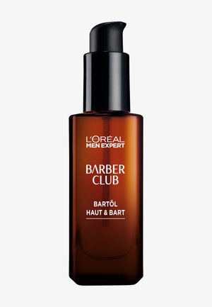 Flacon-pompe d'huile pour barbe et peau L'Oréal Men Expert Barber Club, corps translucide marron et distributeur noir.