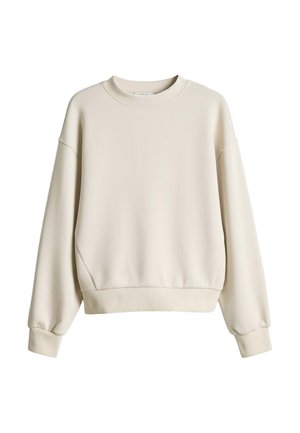 Beiges Sweatshirt mit Rundhalsausschnitt, langen Ärmeln, gerippten Bündchen und geripptem Saum, dargestellt auf weißem Hintergrund.