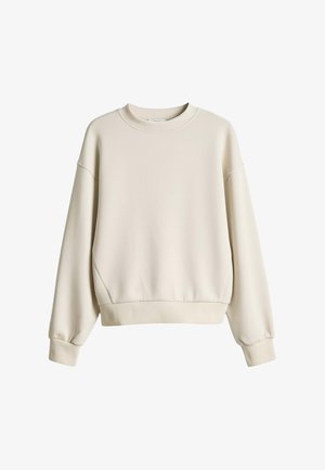 Beiges Sweatshirt mit Rundhalsausschnitt, langen Ärmeln, gerippten Bündchen und geripptem Saum, dargestellt auf weißem Hintergrund.