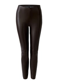 Bruine nep leren leggings met een gladde textuur, hoge tailleband en een aansluitend ontwerp dat tot aan de enkels reikt.