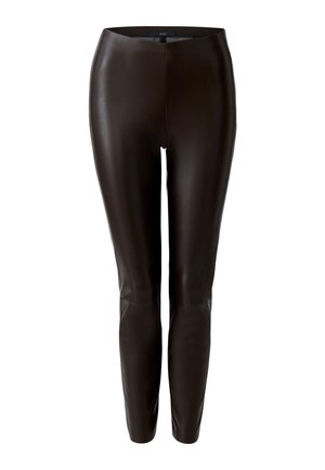 Bruine nep leren leggings met een gladde textuur, hoge tailleband en een aansluitend ontwerp dat tot aan de enkels reikt.