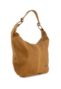 Braune gewebte Stoffhandtasche mit einem lässigen Design, runder Form und einem einzigen Schulterriemen mit Metallringen. Reißverschlussdetail.