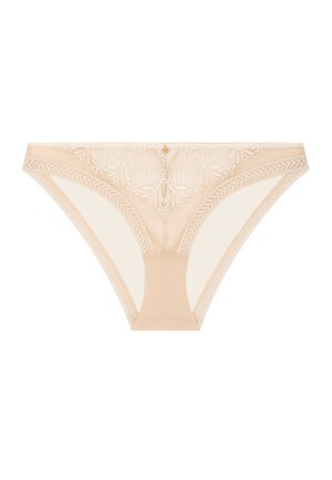 Sous-vêtements style bikini en dentelle beige avec broderie florale et panneaux latéraux en maille.