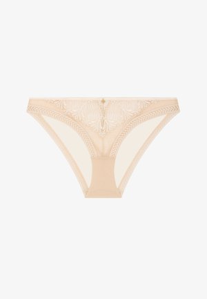 Sous-vêtements style bikini en dentelle beige avec broderie florale et panneaux latéraux en maille.