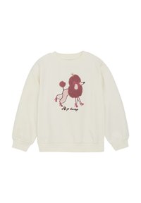 Kremowy sweatshirt z prążkowanymi mankietami i dołem. Posiada haft z różowego i brązowego pudla z kokardą oraz napisem "Lily of France."