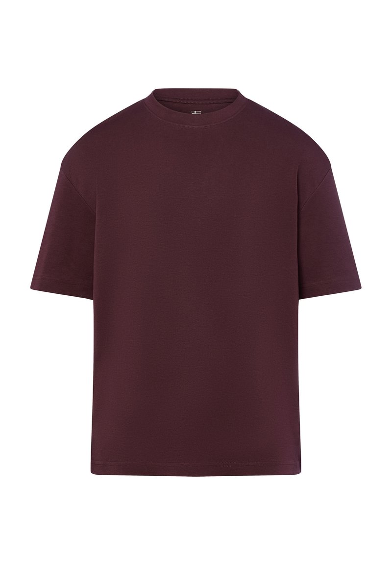 Burgundy short-sleeve T-shirt with a round neckline, made of a smooth fabric; features a relaxed fit and no visible patterns or hardware.
