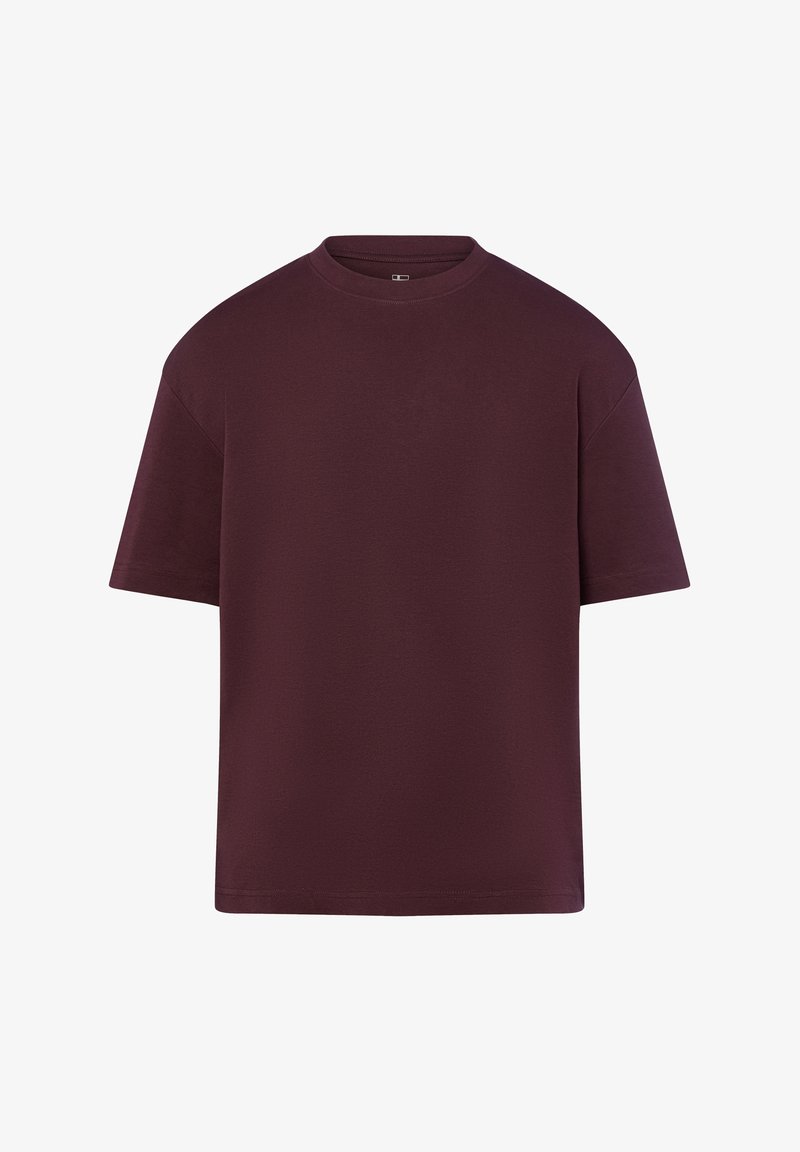 Bordeauxfarbenes T-Shirt mit kurzen Ärmeln und Rundhalsausschnitt, aus einem glatten Stoff gefertigt; es hat eine lockere Passform und keine sichtbaren Muster oder Beschläge.