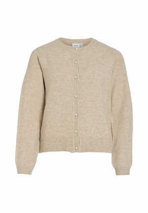 Bēšs kardigans no mīkstas auduma ar apaļu kakla izgriezumu, garām piedurknēm un pogu aizdari ar mazām pērļu formas pogām.