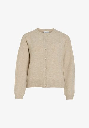 Bēšs kardigans no mīkstas auduma ar apaļu kakla izgriezumu, garām piedurknēm un pogu aizdari ar mazām pērļu formas pogām.