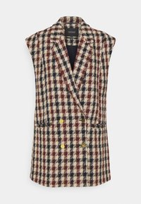 Überprüfter ärmelloser Blazer in Rot, Marineblau und Creme aus Wollmischung, mit einem doppelt-knöpfigen Design, zwei Taschen und goldenen Knopfakzenten.