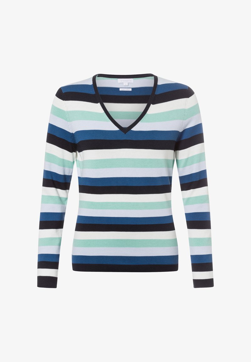 Gestreifter Pullover in Marineblau, Teal, Mint und Weiß. Hat einen V-Ausschnitt und lange Ärmel, hergestellt aus einem weichen, leichten Stoff.