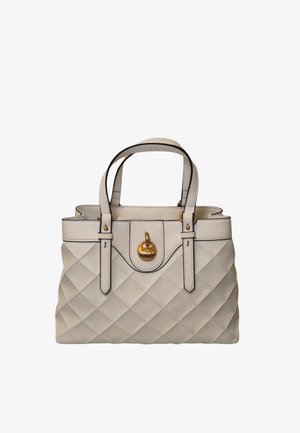 Borsa a tracolla color crema in pelle trapuntata con doppi manici e chiusura circolare in metallo dorato sulla patta frontale.