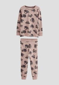 Set di pigiama per bambini in morbido tessuto rosa chiaro, con stampe di veicoli neri, tra cui auto e camion, con maniche lunghe e polsini elasticizzati.